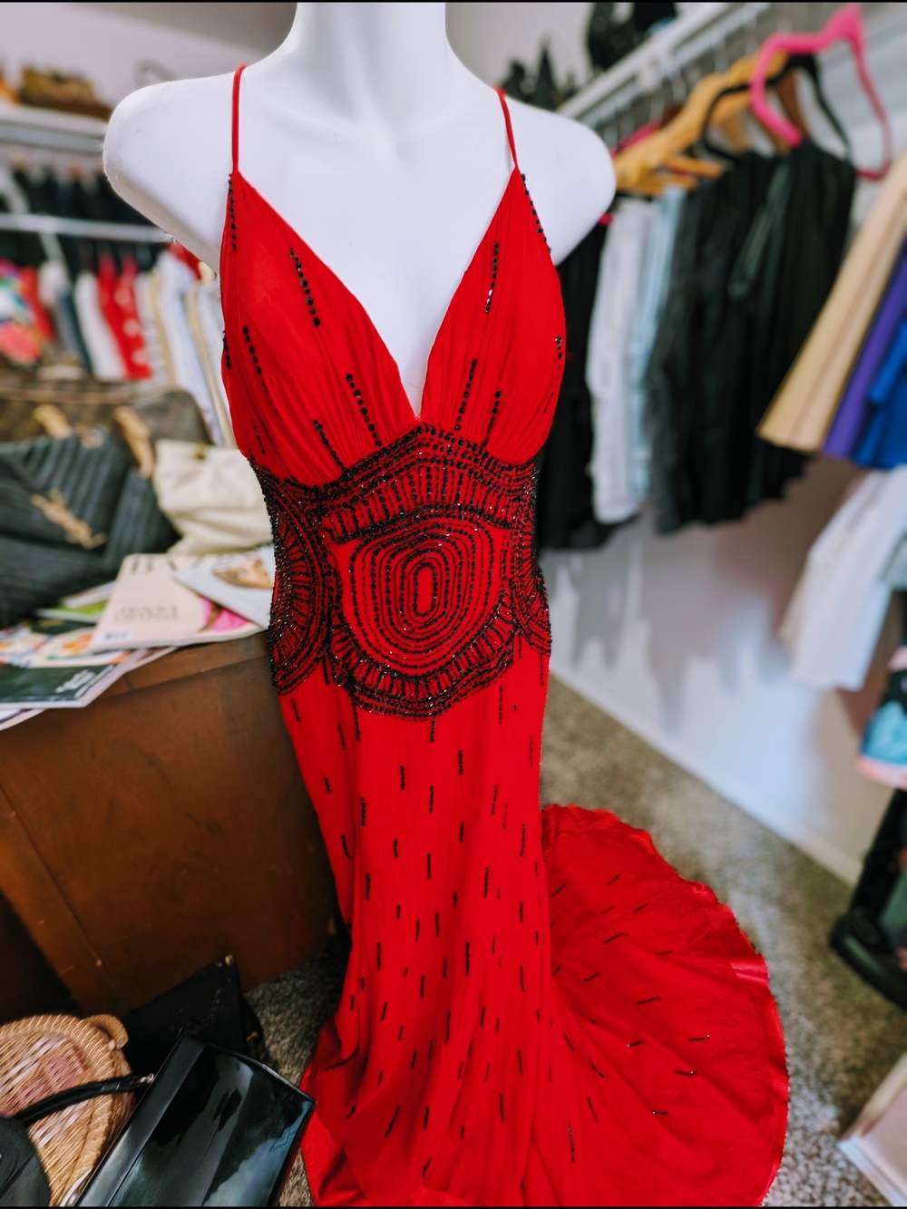 Glamorous Red Beaded Spaghetti-Strap Prom Dress